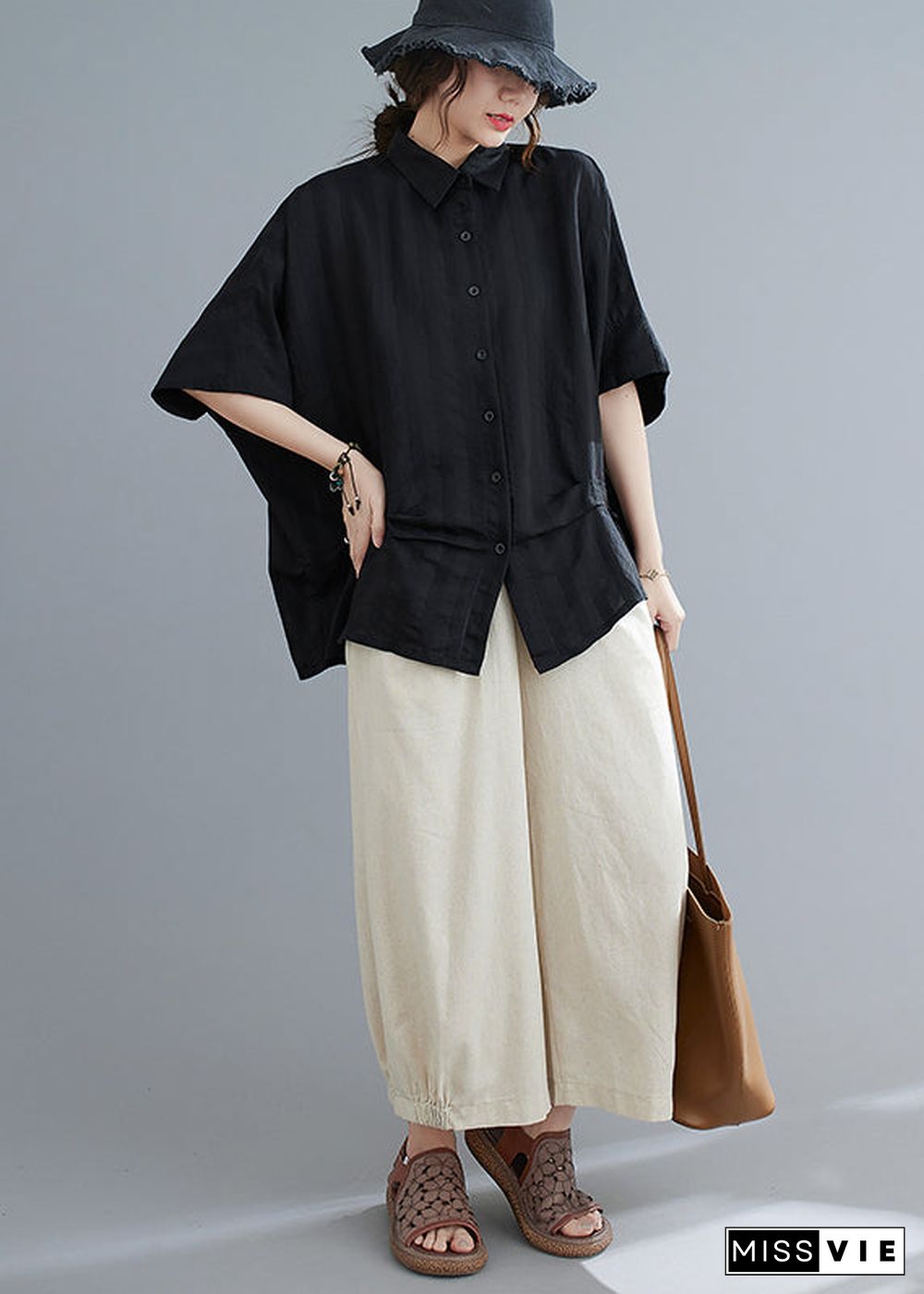 Stylish Black Oversized Wrinkled Cotton Shirt Top Summer