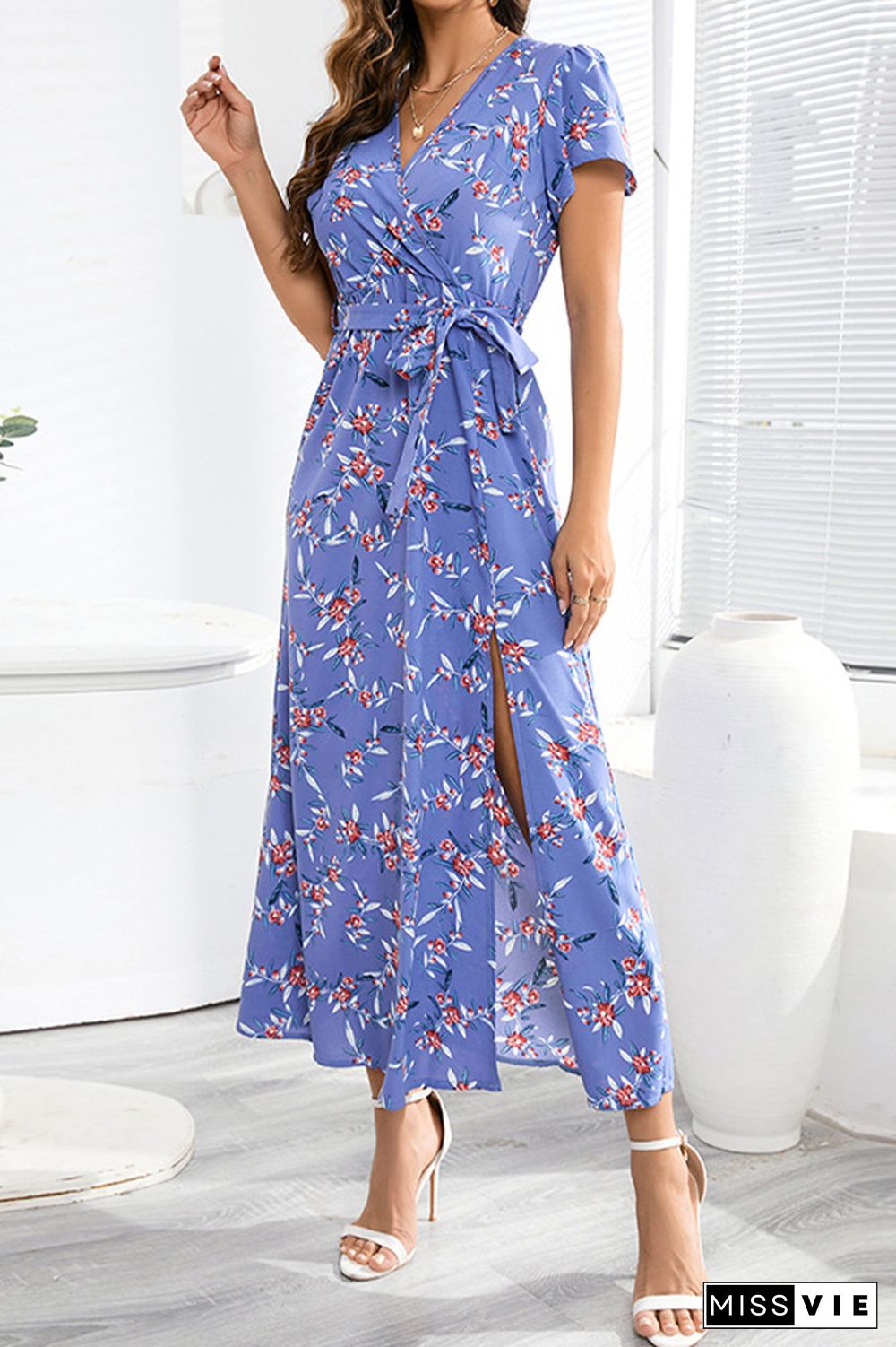 Flower Print Waist Tie Surplice Split Dress