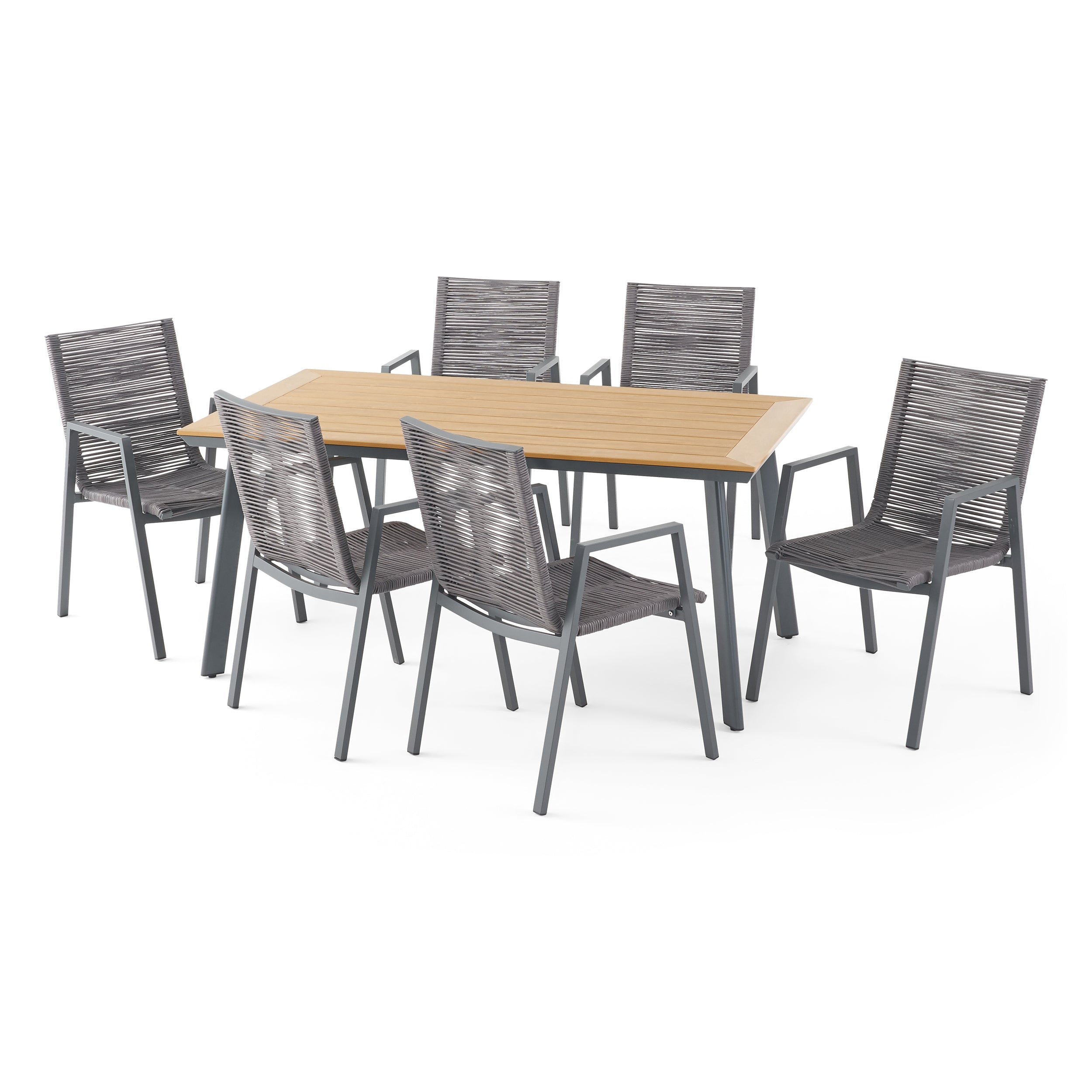 Asir Outdoor Modern 6 Seater Aluminum Dining Set with Faux Wood Table Top