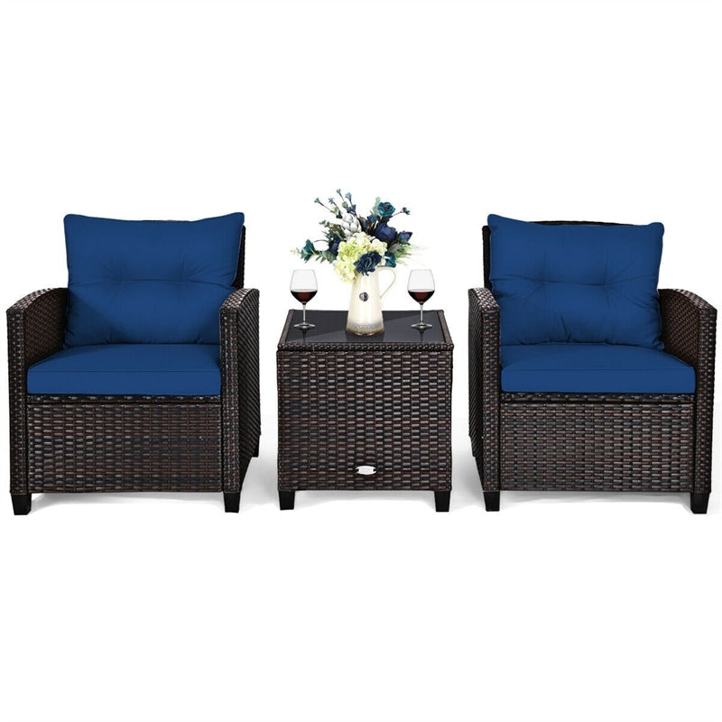 3 Pcs Rattan Patio Conversation Set Outdoor Wicker Sofa Set with Washable Cushions & Coffee Table