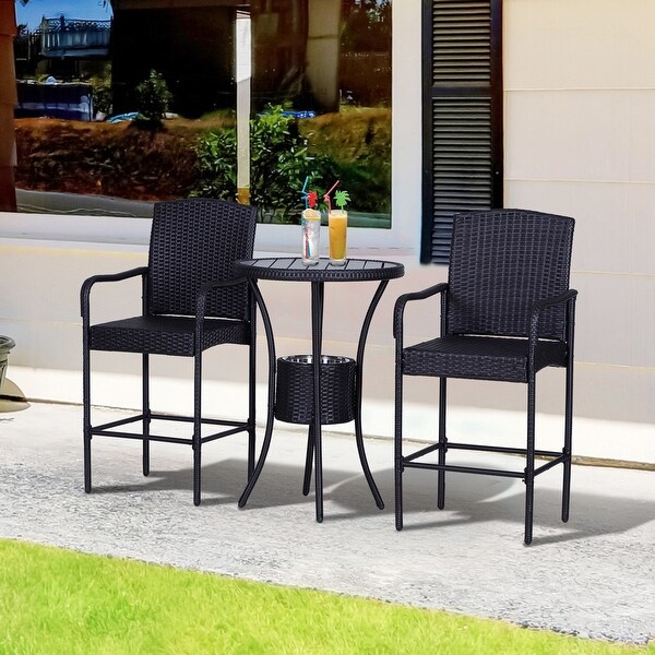 3 Pieces Rattan Wicker Bar Set with Ice Buckets，1 Bar Table and 2 Bar Stools for Poolside，Backyard，Porches