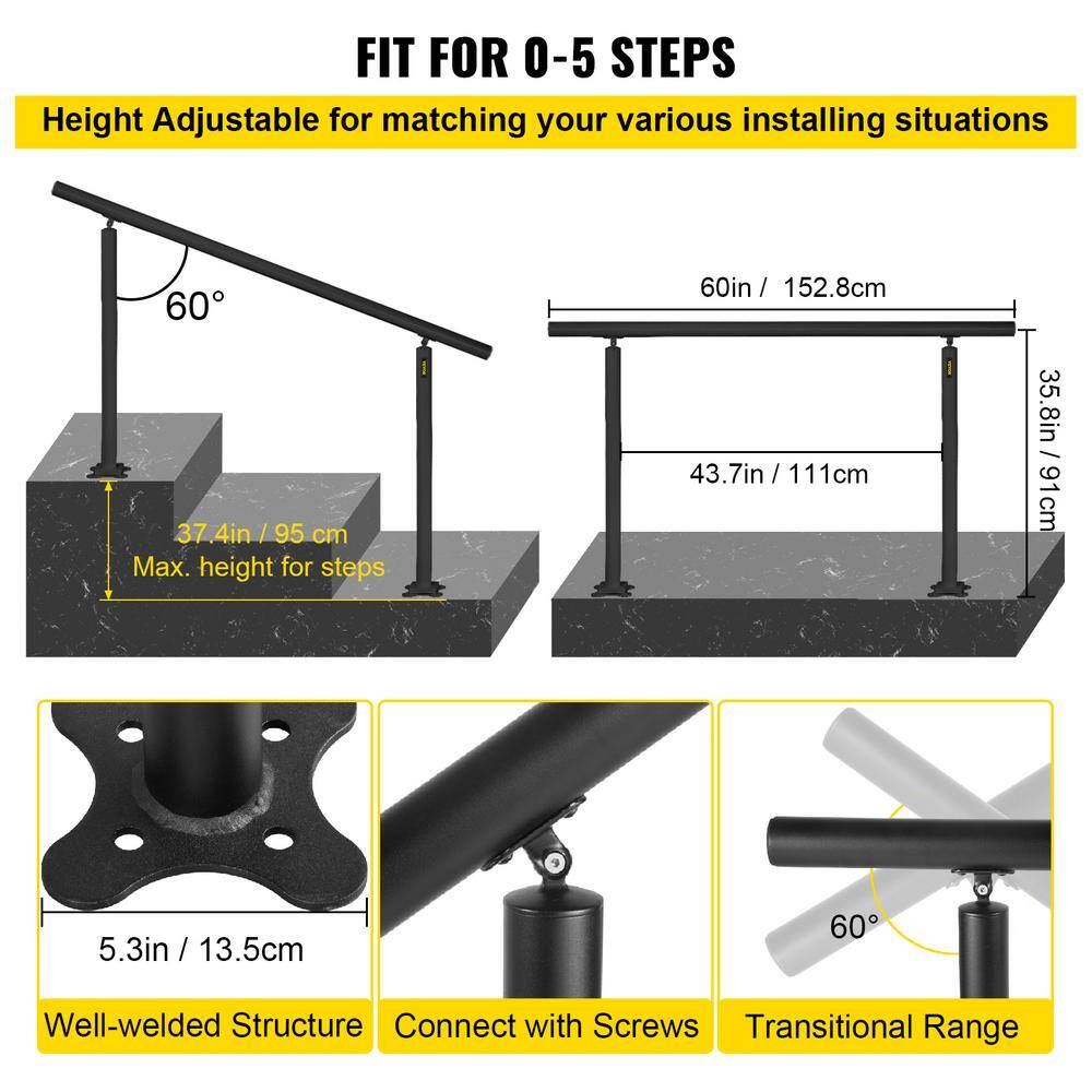 VEVOR 5 ft. Outdoor Stair Railing Fits 4-5 Steps Adjustable Angle Aluminum Stair Handrails for Outdoor Steps Black SNLZSLZYGL5FT1GTPV0