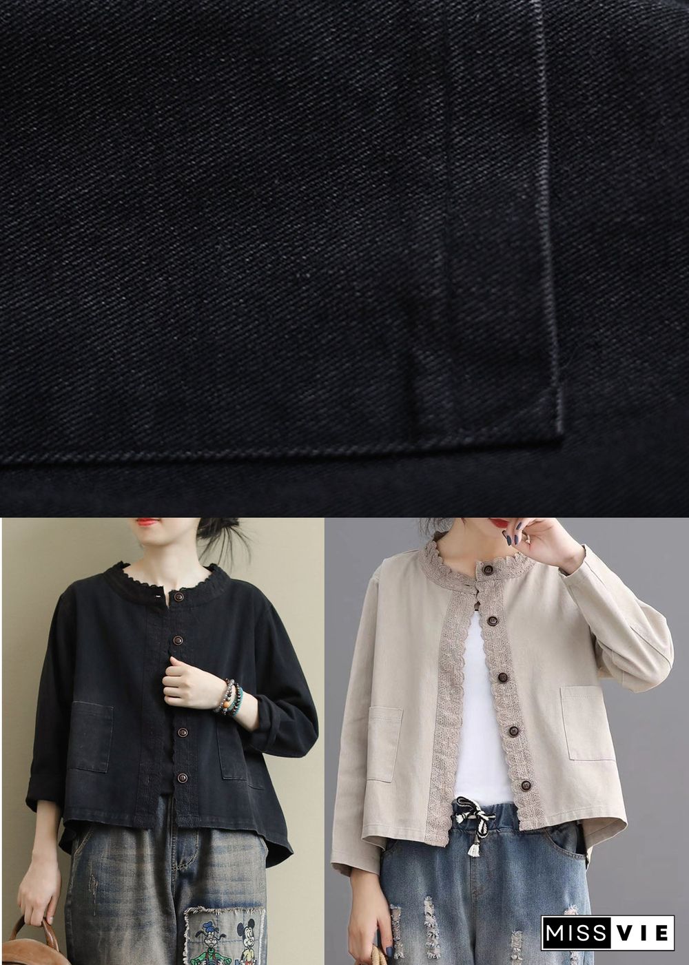 Loose Beige retro Denim Pockets Casual Coats Fall