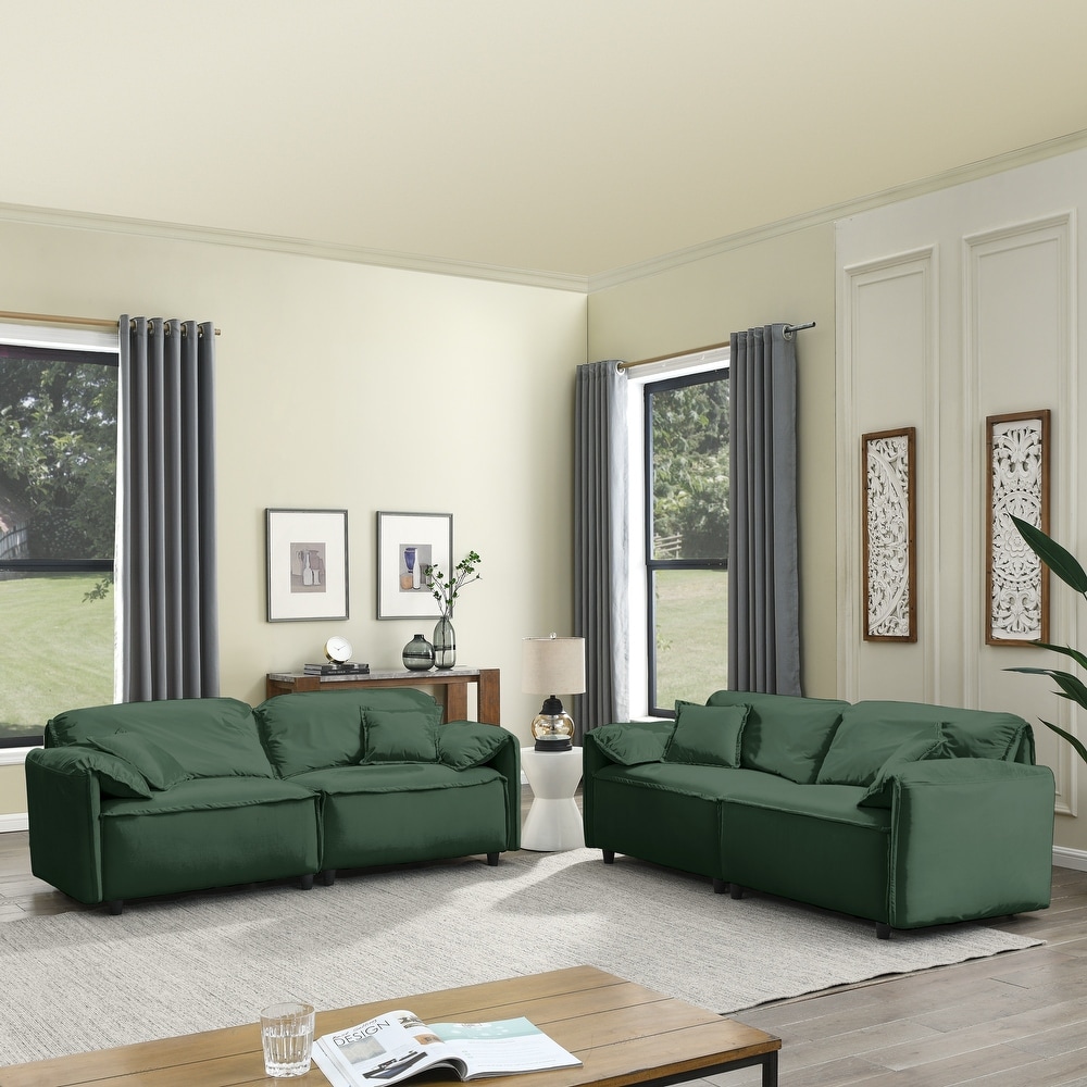 Luxury Sectional Sofa (Set of 2)  Pebbled Leather Loveseat Sleeper  Living Room Green Settee Recliner Bench w/ Pillow Top Arms