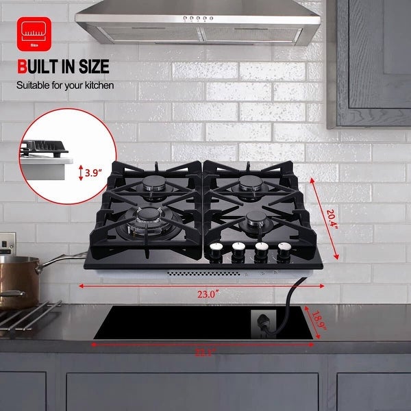 4-Burners Gas Cooktop 24 inch Stainless Steel Tempered Glass NG/LPG Convertible - 24 INCH