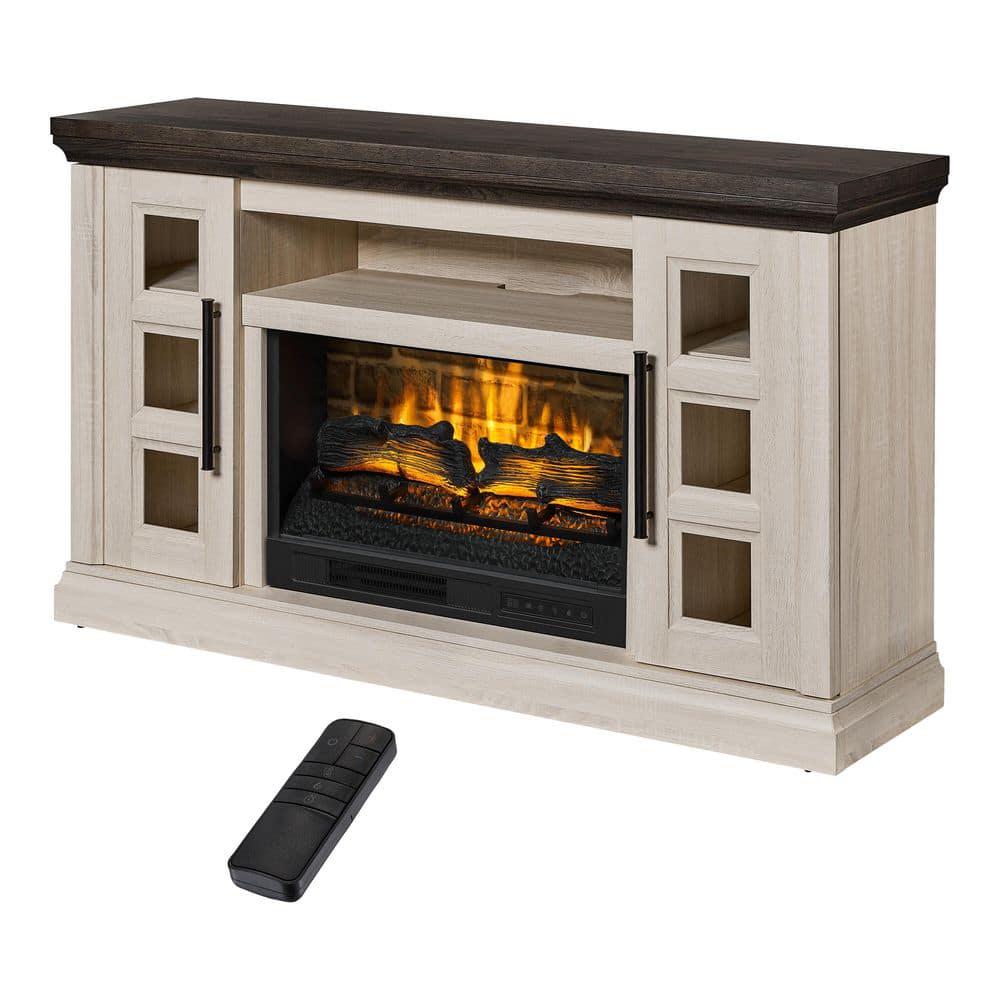 StyleWell Chelsea 58 in Freestanding Electric Fireplace TV Stand in Light Taupe Ash Grain w Charcoal Top