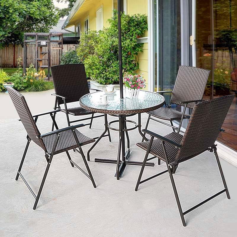 4-Pack Rattan Patio Folding Dining Chairs with Armrest & Footrest, Outdoor Portable Wicker Lounge Chair, Stackable Pool Lawn Chair