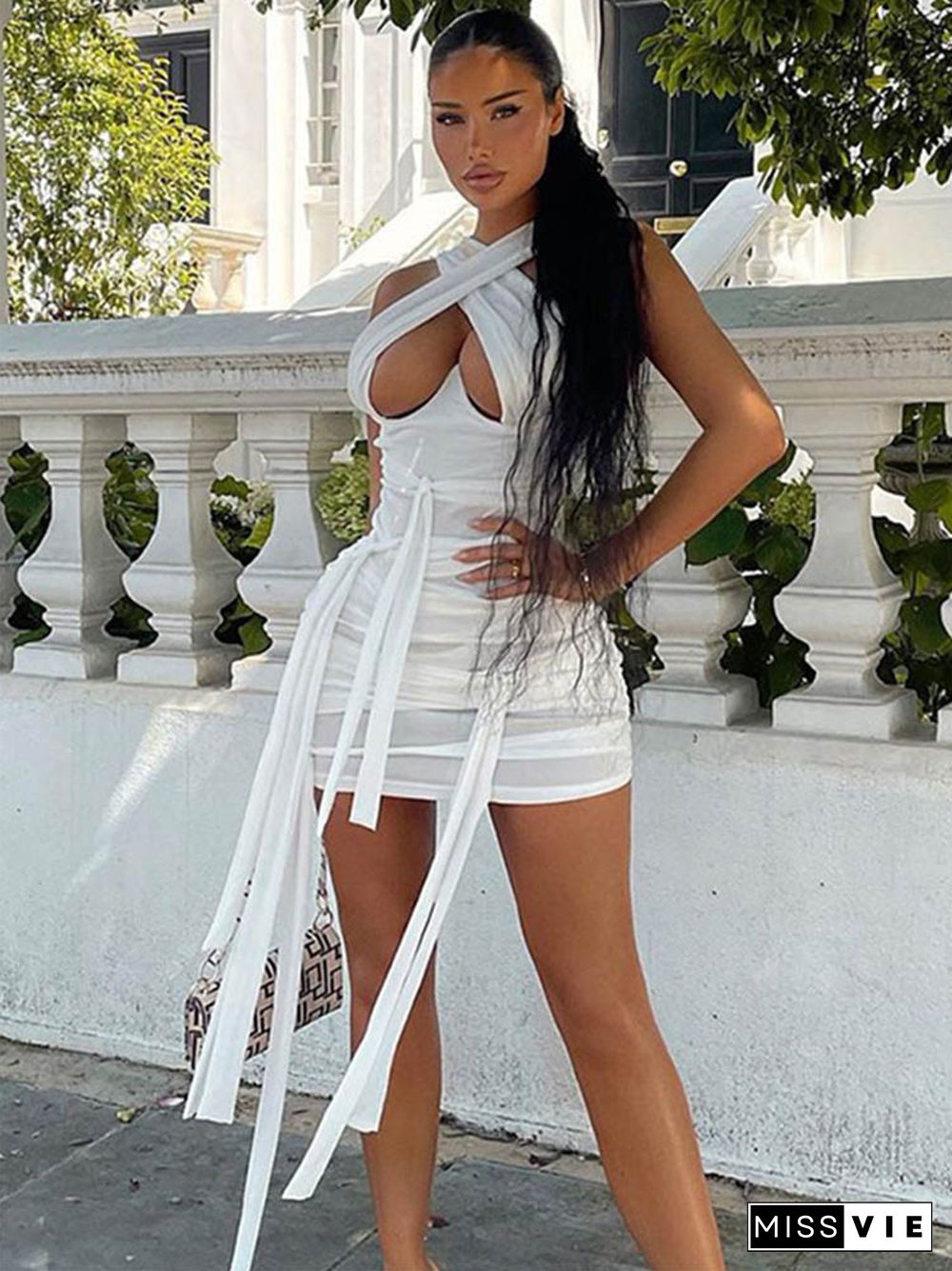 Autumn Sexy White Dresses For Women Bandage Ruched Orange Mini Dress Ladie Sleeveless Bodycon Dress Club Rave Outfit