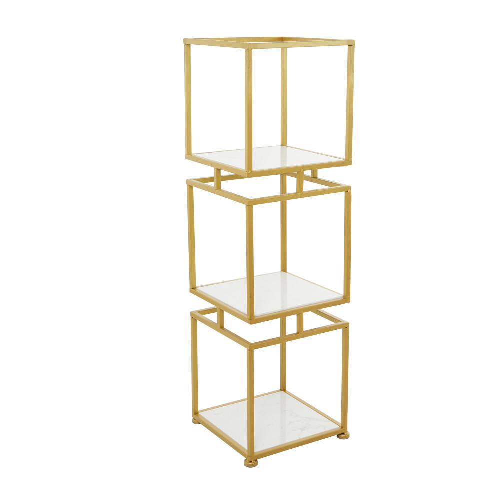 Litton Lane Marble Stationary Gold Shelving Unit with 3 Marble Shelves 040344