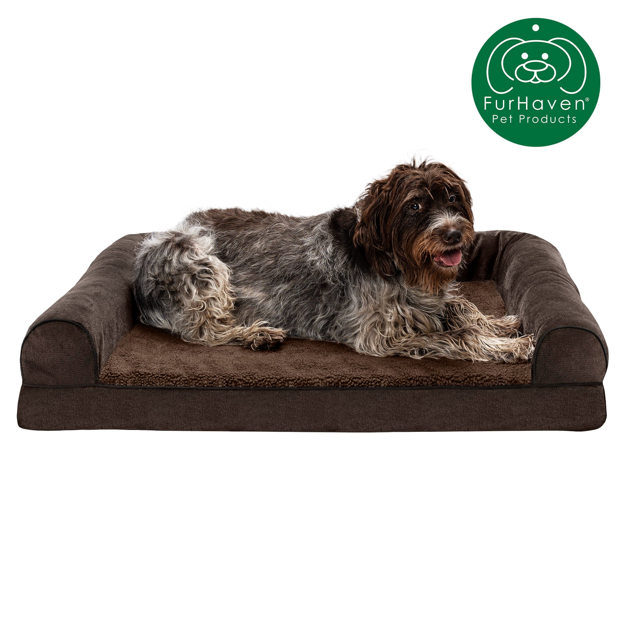 FurHaven | Memory Foam Faux Fleece & Chenille Sofa Pet Bed for Dogs & Cats, Coffee, Jumbo