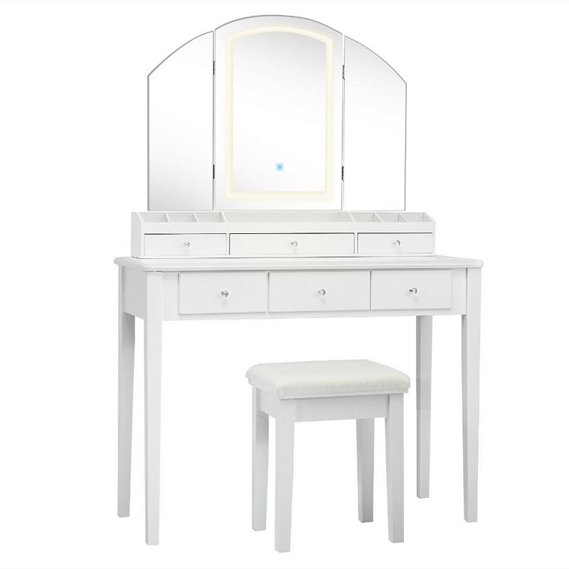 Vanity Table Stool Set with Large Tri-folding Lighted Mirror