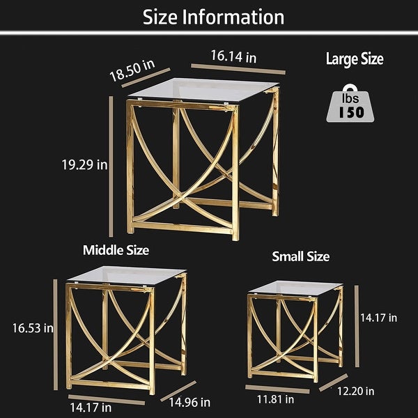 3 Pcs Modern Nesting Coffee Table with Glass Countertops， Sofa Table with Stainless Steel Frame for Living Room， Office