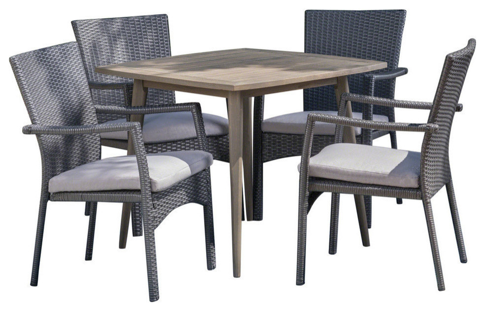 GDF Studio 5 Piece Leah Outdoor Wood and Wicker Dining Set  Gray and Gray   Tropical   Outdoor Dining Sets   by GDFStudio  Houzz