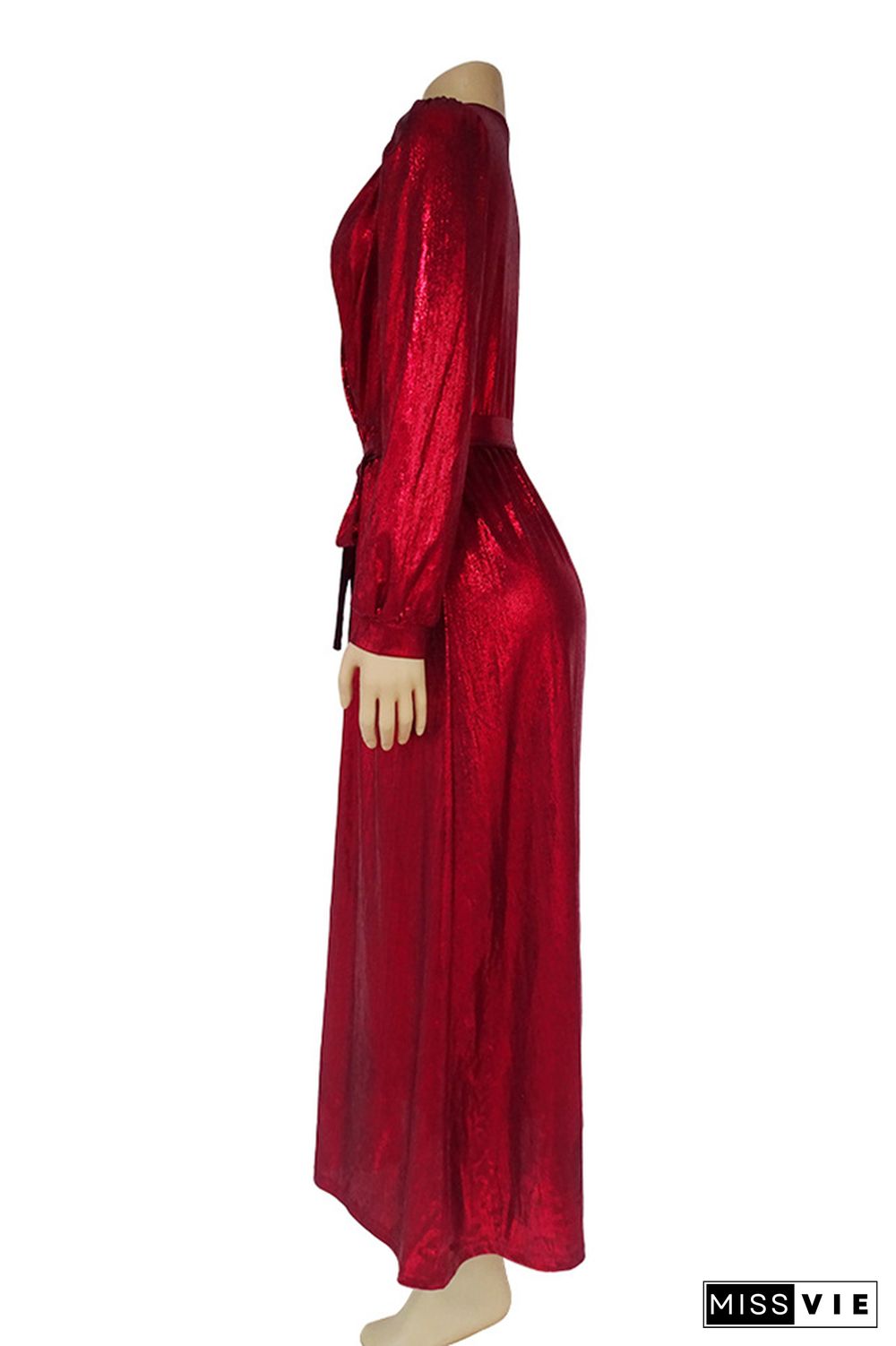 Wrap V Neck Shiny Puffy Sleeves Maxi Dress