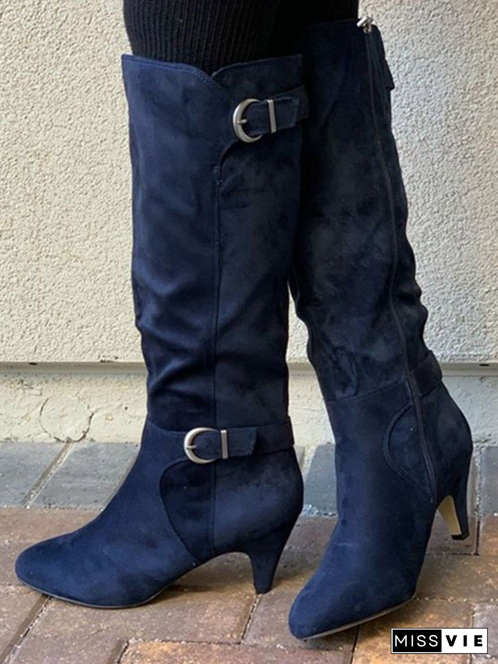 Simple Plain Adjustable Buckle Zipper Mid Calf Boots