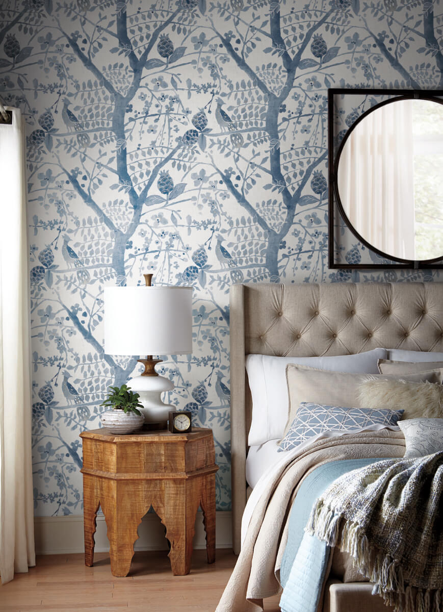 Peacock Block Print Wallpaper in Blue from the Bohemian Luxe Collection by Antonina Vella