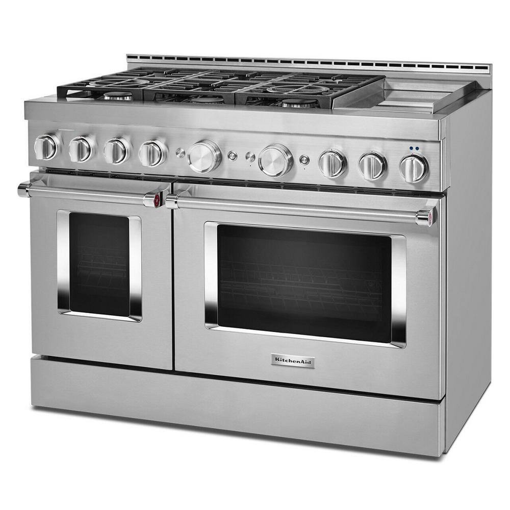 KitchenAid 48 in. 6.3 cu. ft. Smart Double Oven Commercial-Style Gas Range with Griddle and True Convection in Stainless Steel KFGC558JSS