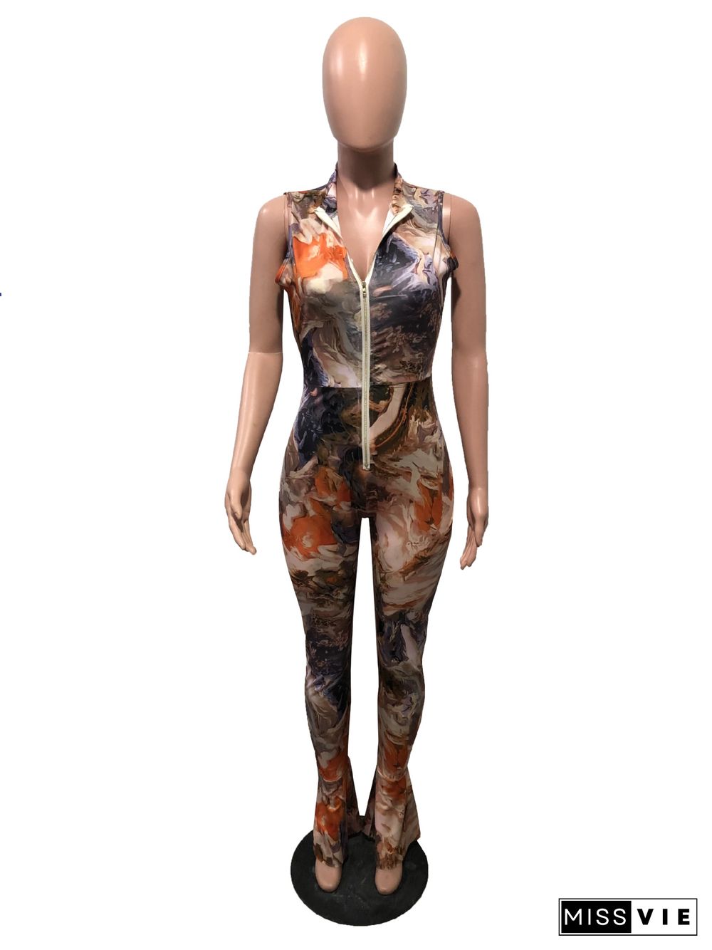 Sexy Printed Front Zip Sleeveless Jumpsuit