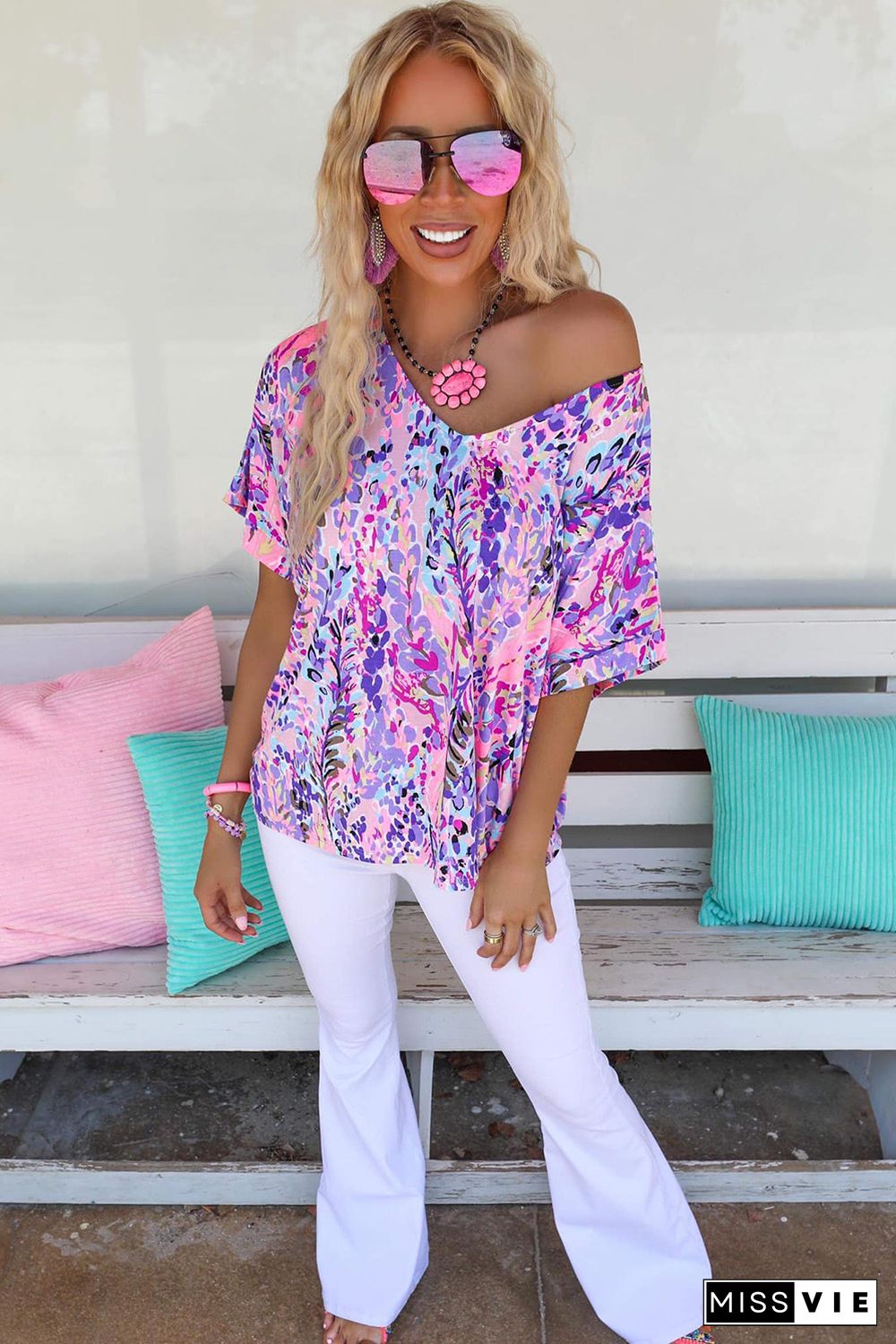 Pink Loose Painted Floral Tee