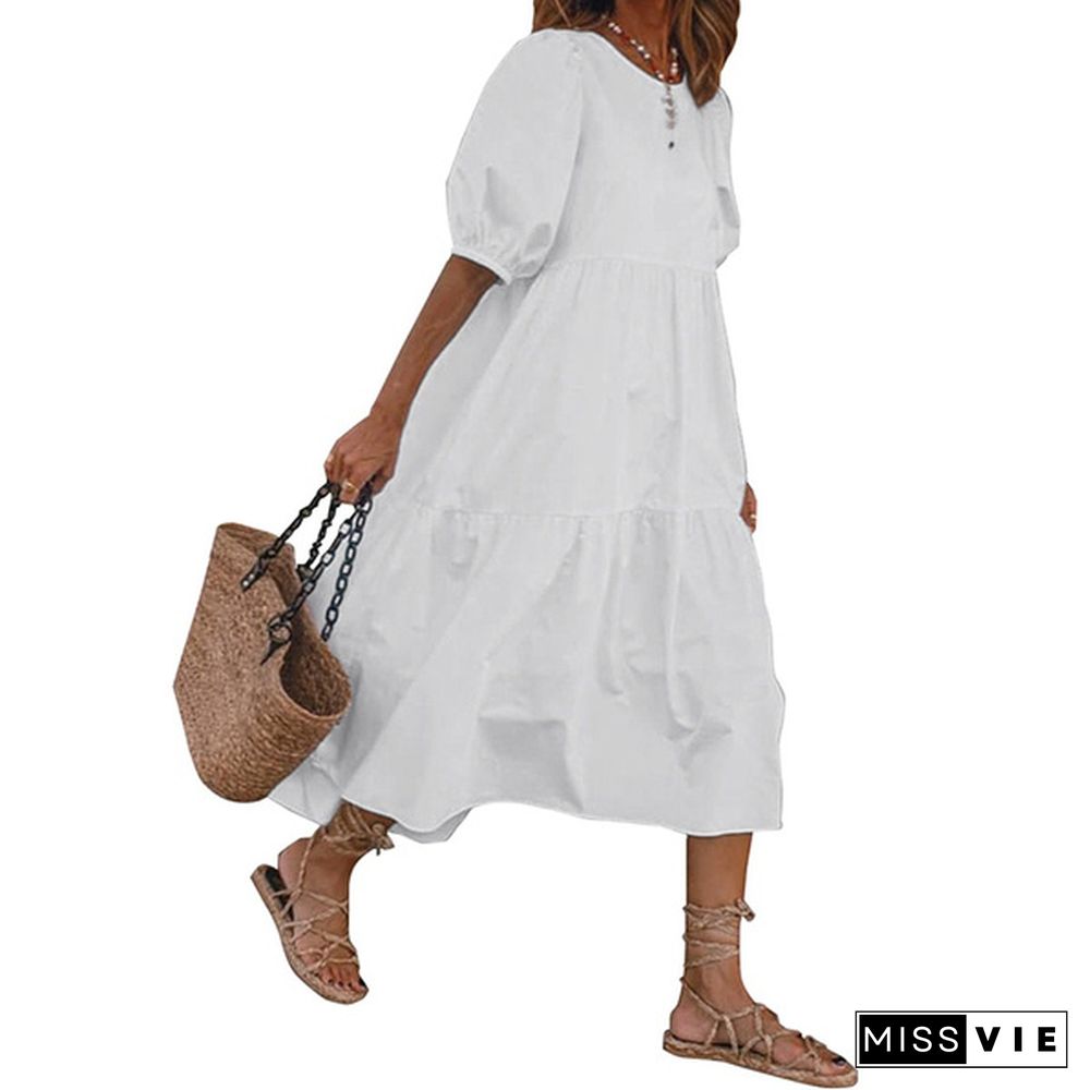 100% Cotton Women Puff Sleeve Party Long Dress Casual Loose Flare Holiday Dresses