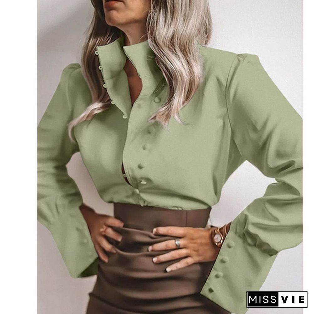 Spring Autumn Women Long Sleeve Blouse Lapel Collar OL Elegant Casual Office Shirt Plus Size Tops