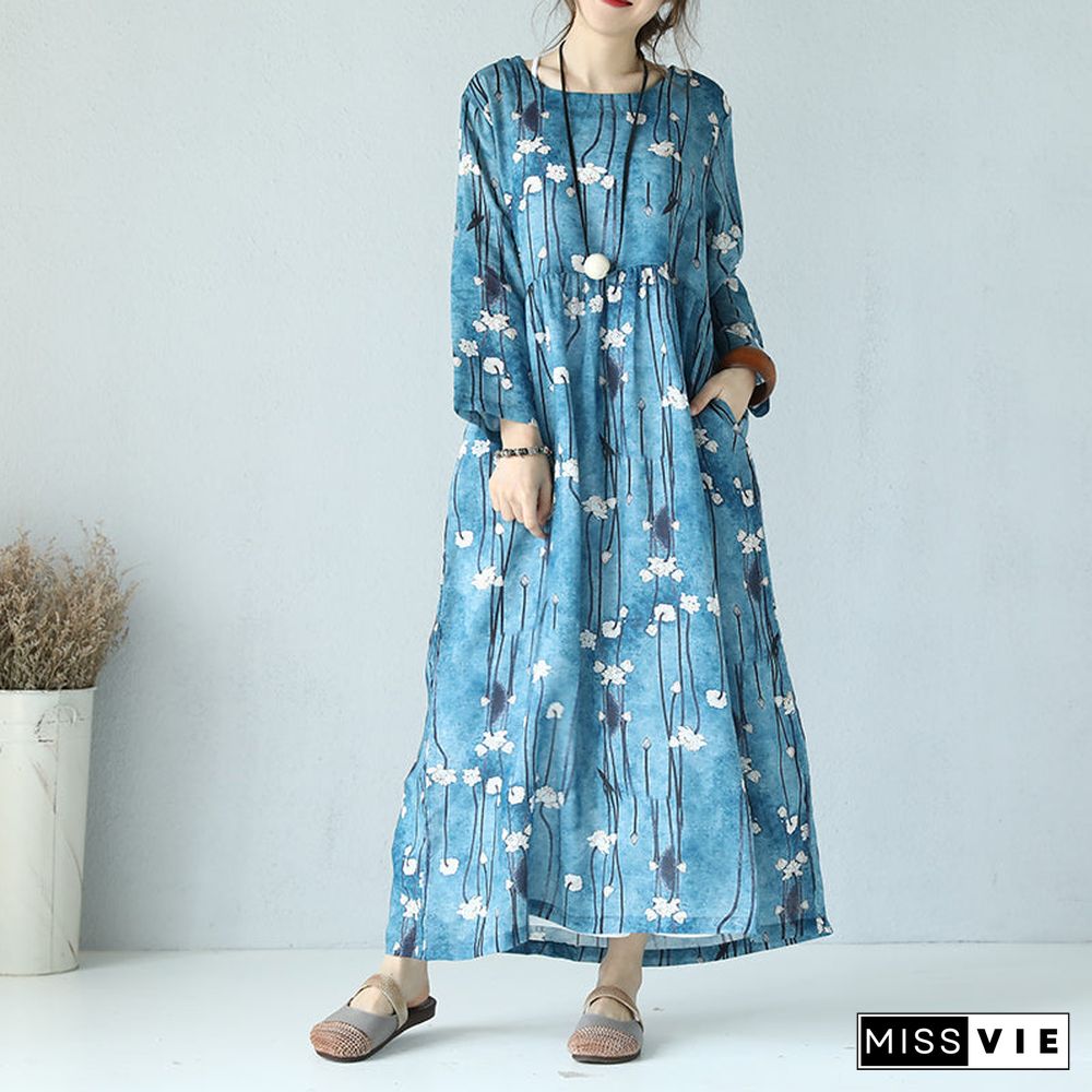 fine print linen dress Loose fitting O neck linen maxi dress boutique long sleeve maxi dresses