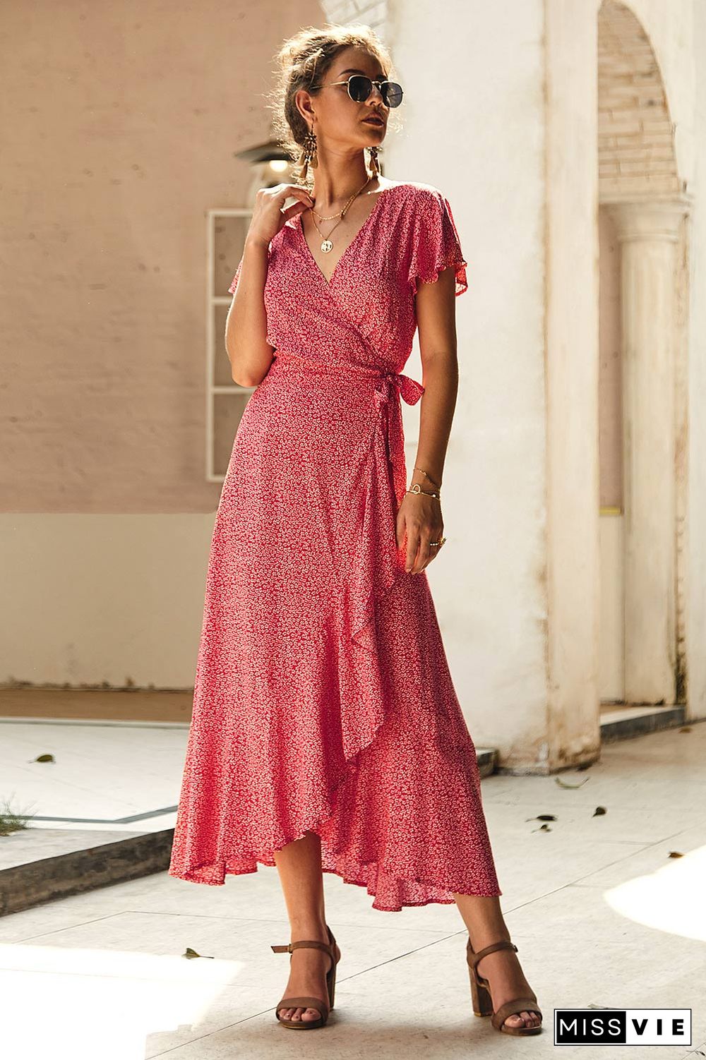 Summer Print Short Sleeve V-Neck Wrap Dress