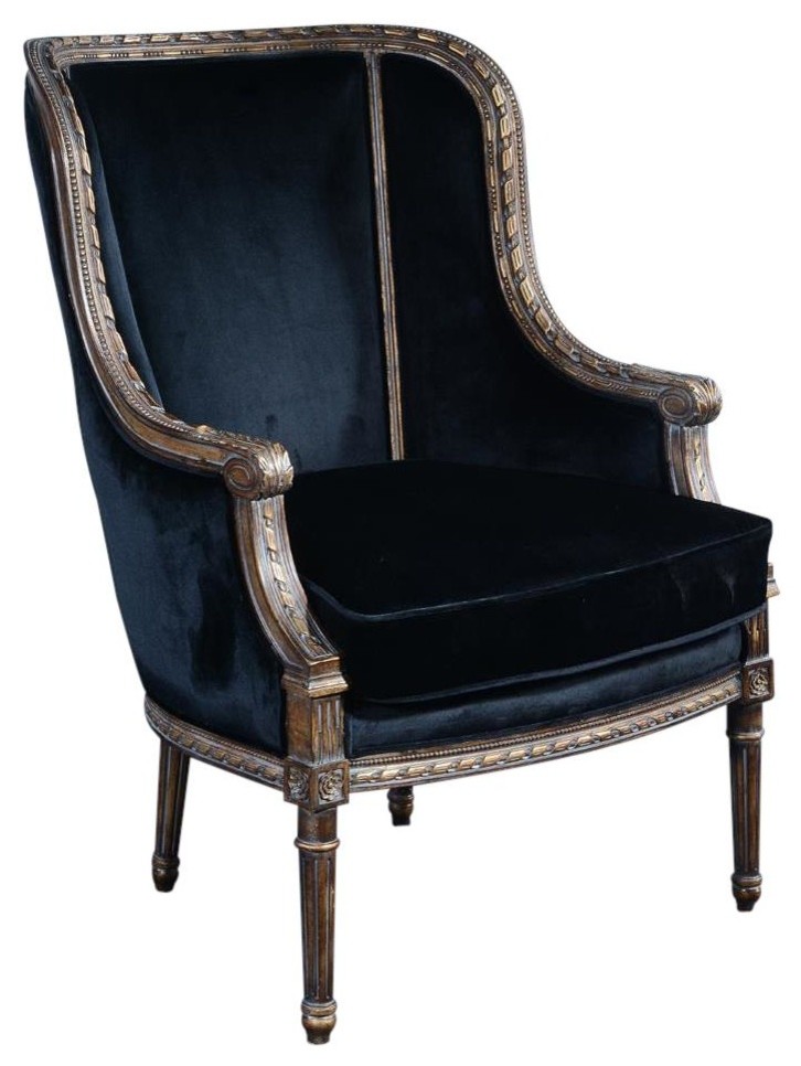 Bergere Chair Louis XVI French Hand Carved Wood Antiqued Gold  Black   Traditional   Armchairs And Accent Chairs   by EuroLuxHome  Houzz