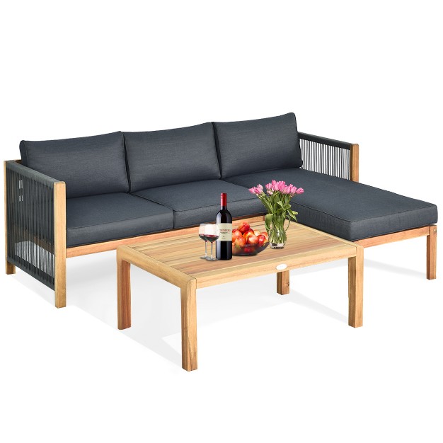 Costway 3pcs Patio Sofa Furniture Set Thick Cushion Acacia Wood