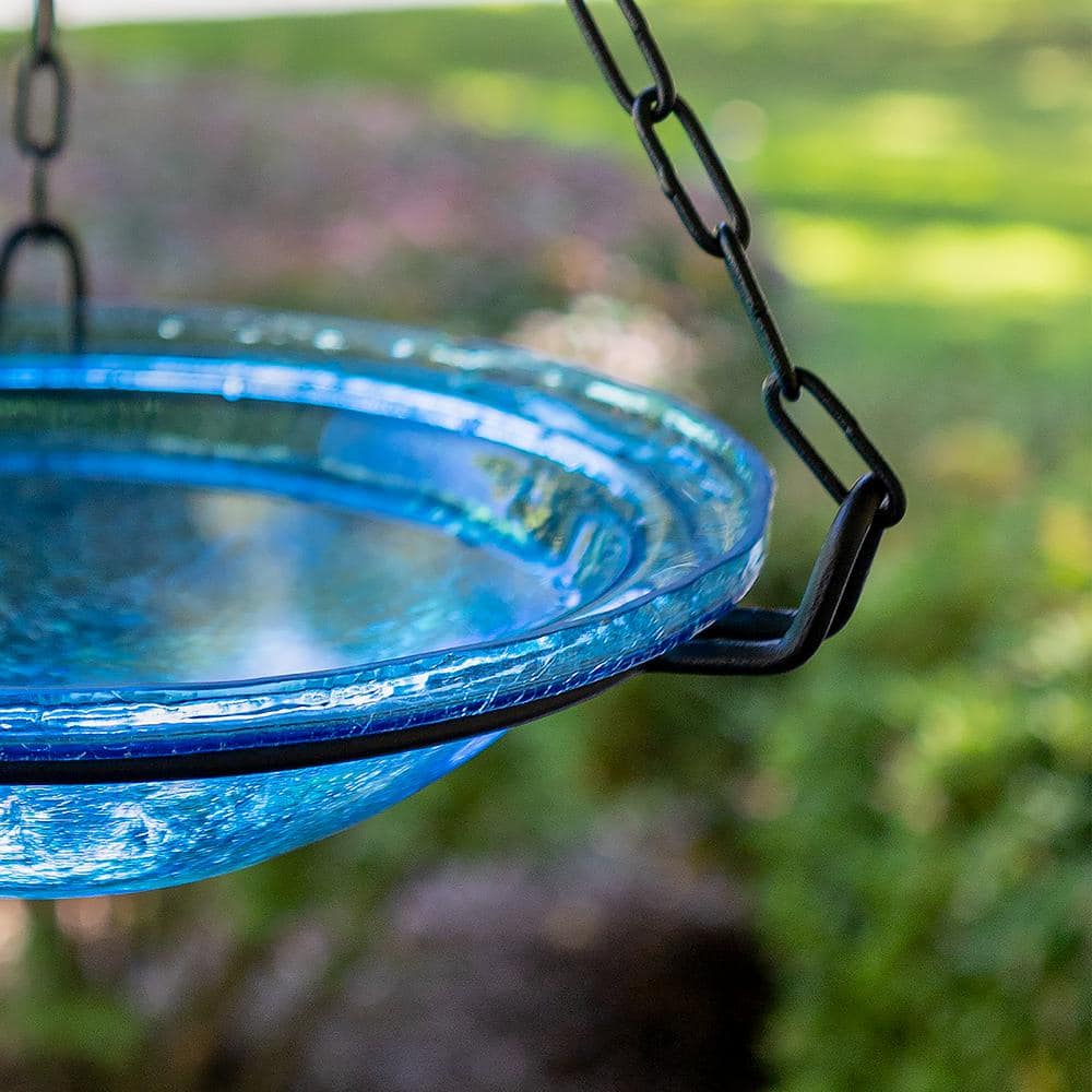 ACHLA DESIGNS 12.5 in. Tall Teal Crackle Glass Hanging Birdbath Bowl BBH-02T