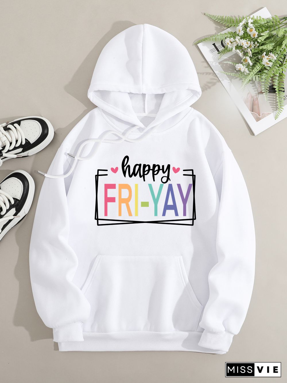 Printed on front Kangaroo Pocket Hoodie Long Sleeve for Women Pattern Happy friyay