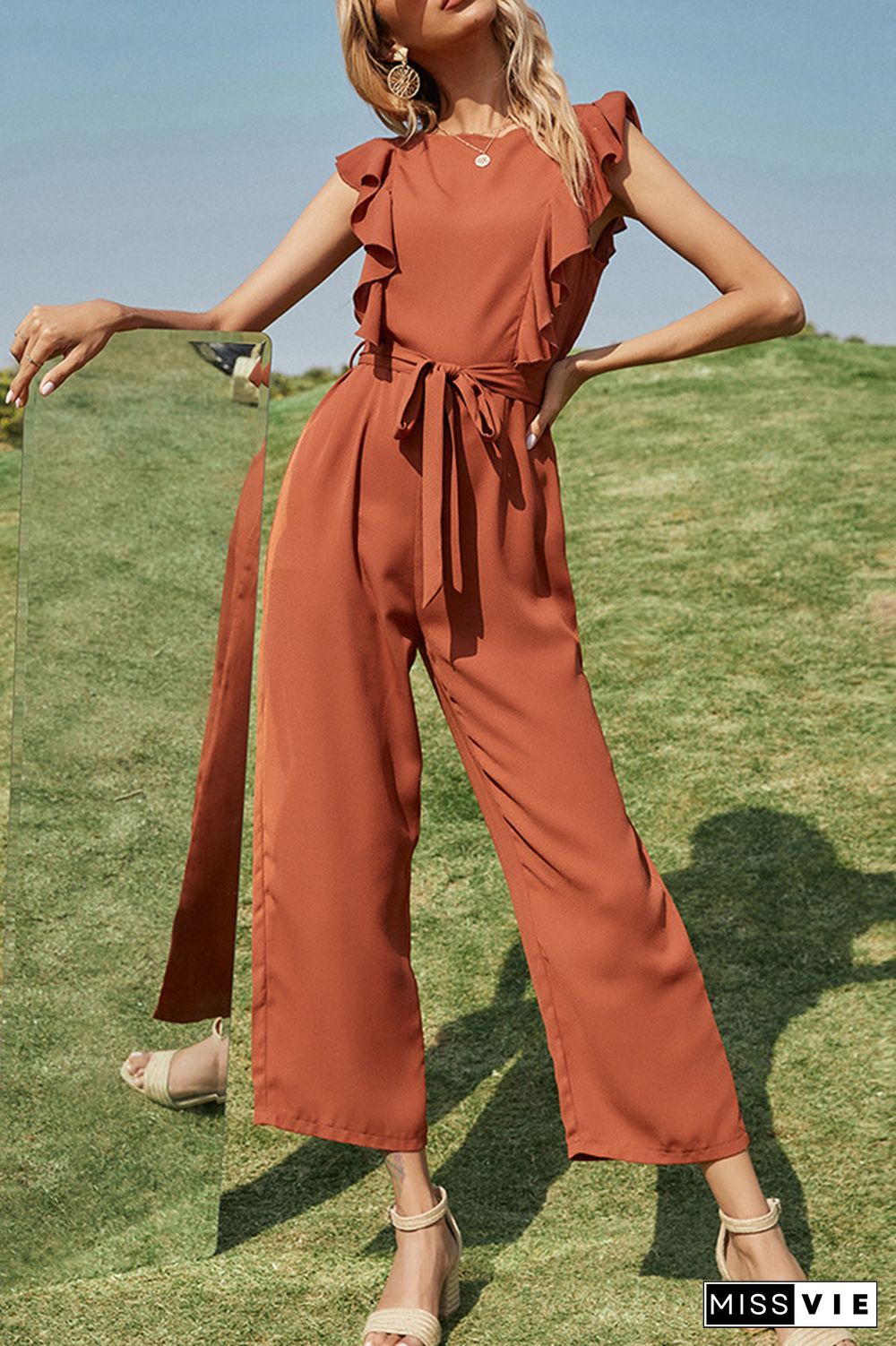 Fashion Elegant Solid Split Joint Flounce With Belt O Neck Straight Jumpsuits