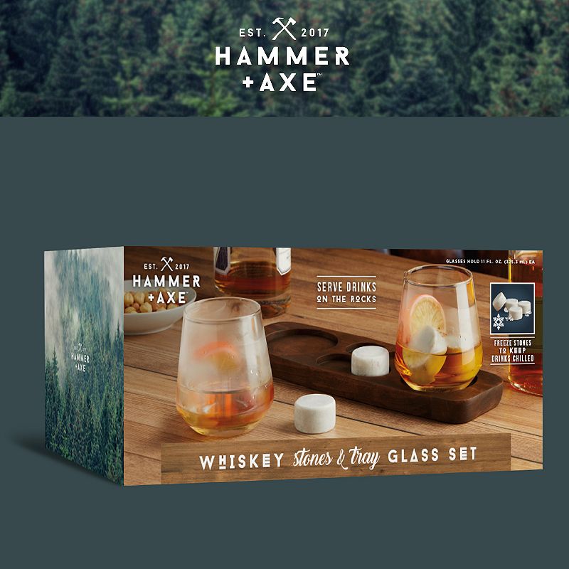 Hammer and Axe Whiskey Stones and Tray Glass Set