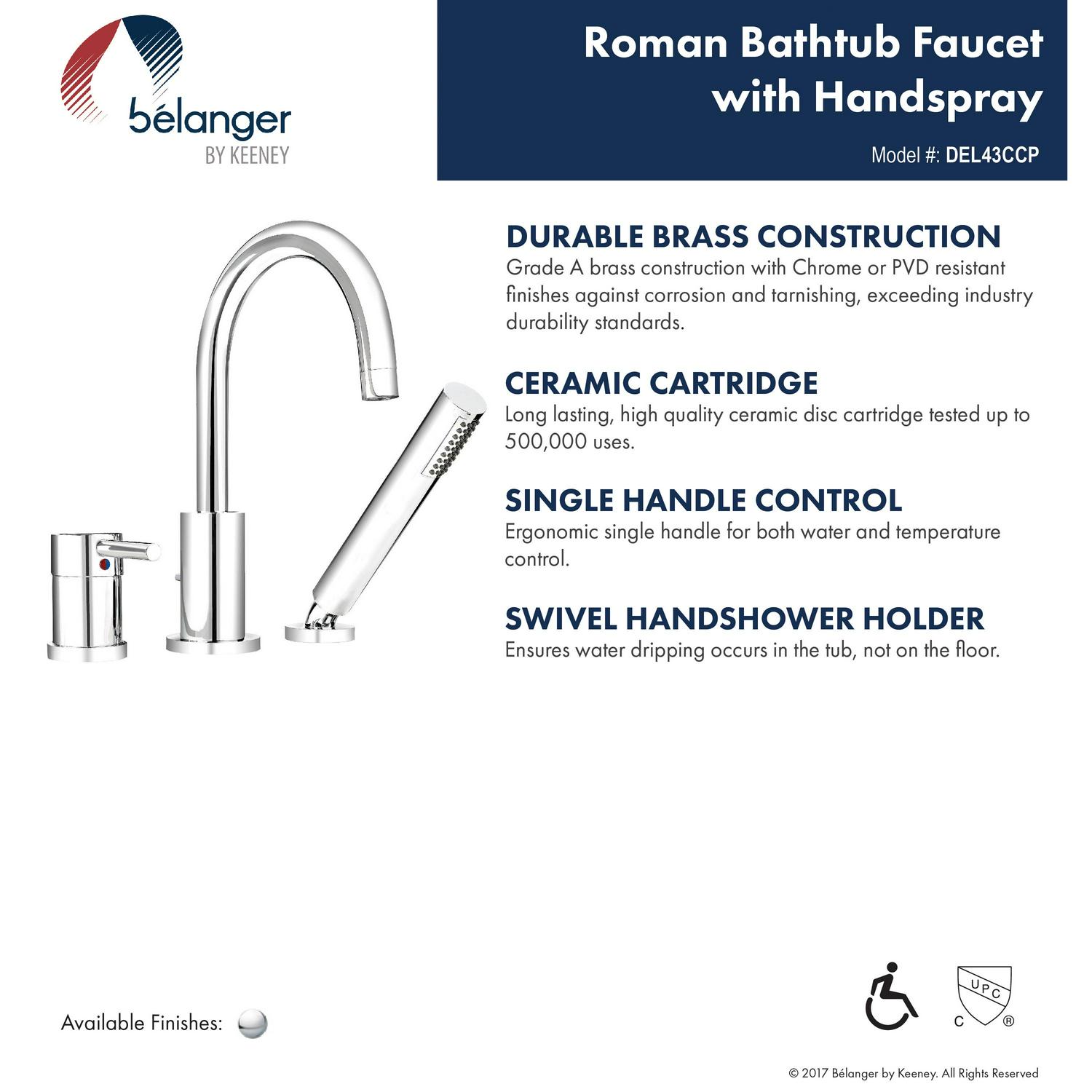 Belanger DEL43CCP Single Handle Roman Bathtub Filler， Polished Chrome