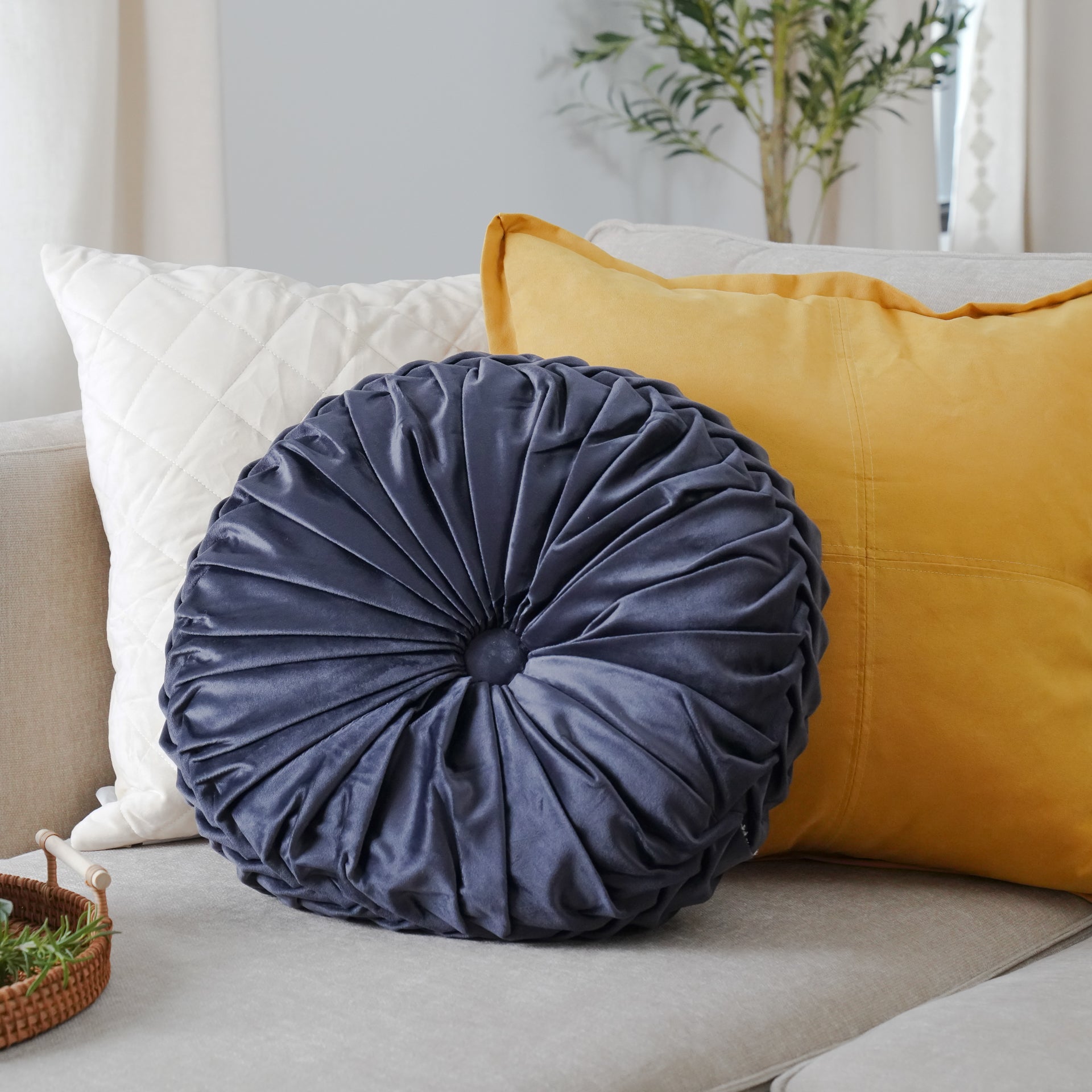 Round Pleated Soft Velvet Decorative Pillow