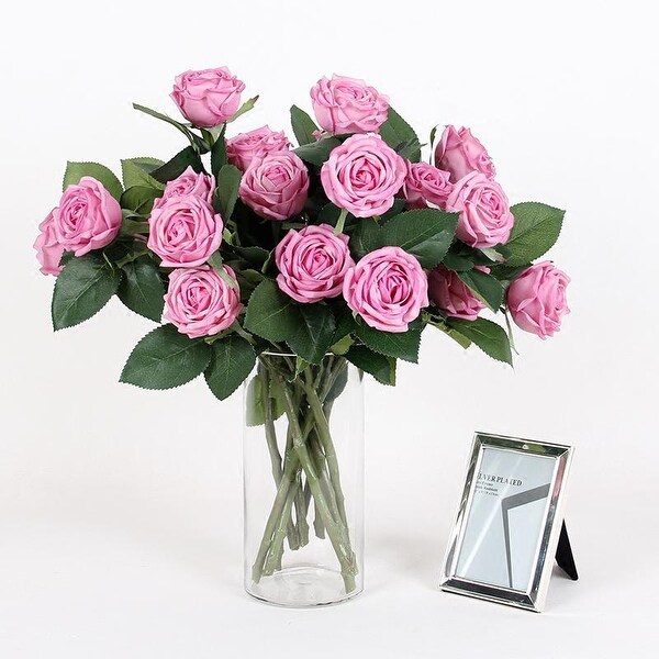 FloralGoods Real Touch 2 Rose Bloom Short Stem in Pink Purple 15 Tall