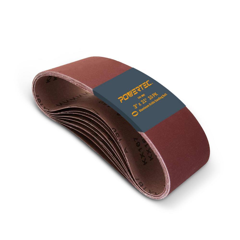 POWERTEC 3 in. x 21 in. 100-Grit Aluminum Oxide Sanding Belt (10-Pack) 110440