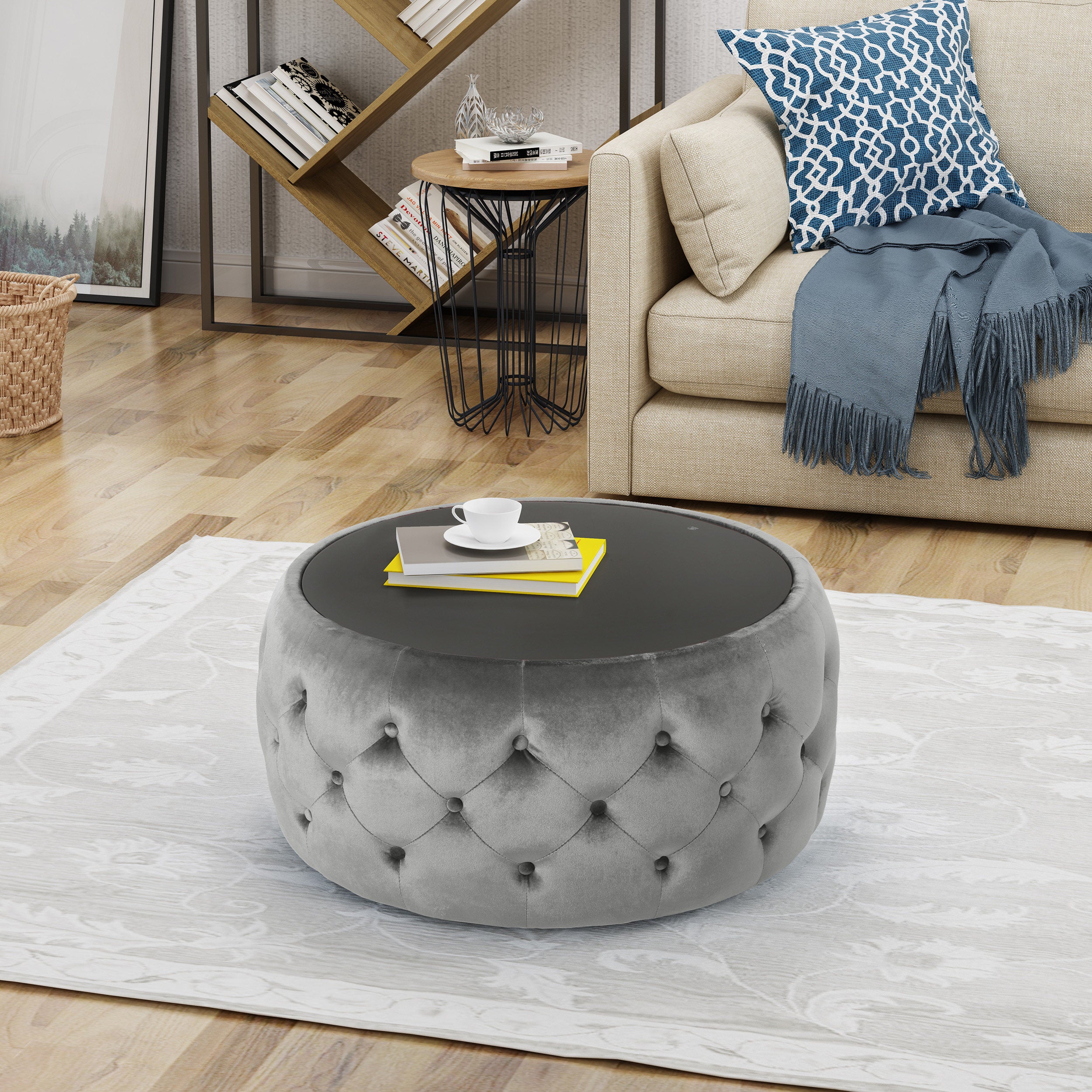 Ivy Glam Velvet and Tempered Glass Coffee Table Ottoman