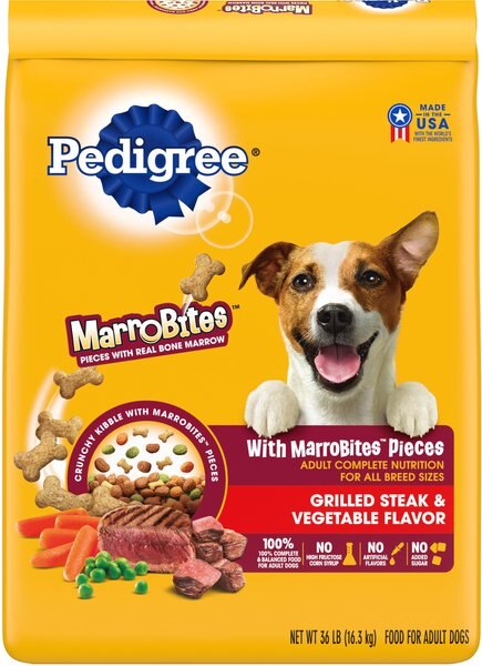 Pedigree w/MarroBites Steak and Vegetable Flavor Pieces Adult Dry Dog Food， 36-lb bag