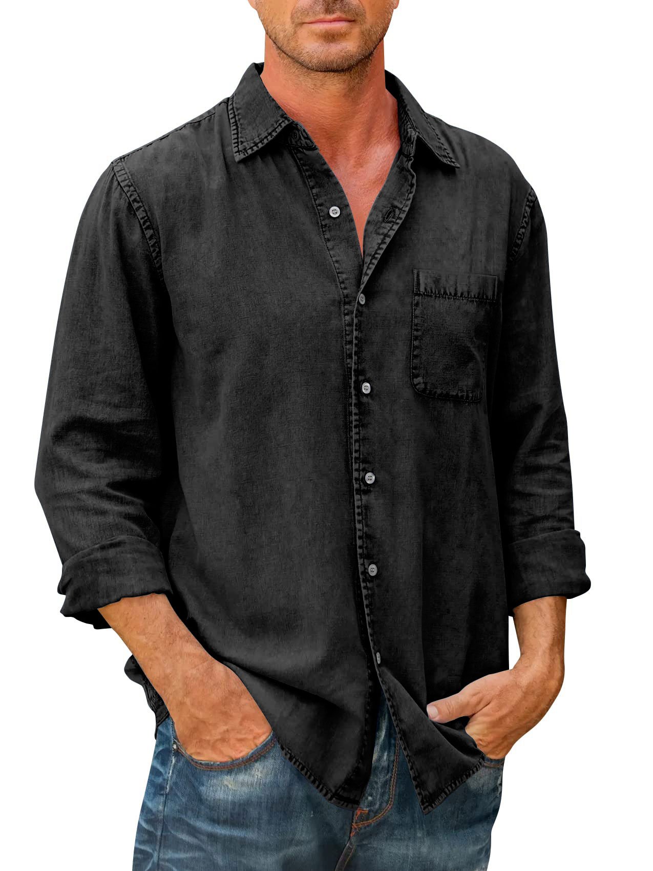 🔥Mens Denim Long Sleeve Button Down Shirt