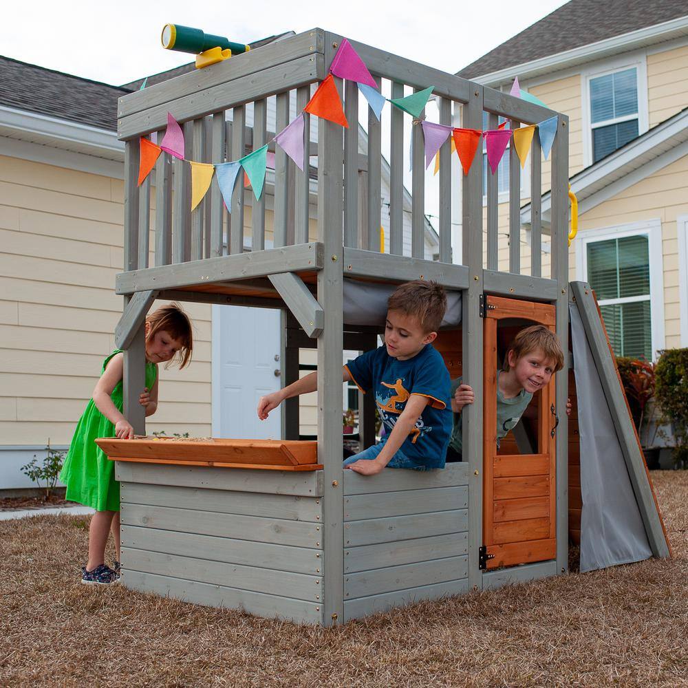 Funphix Lookout Post Outdoor Wooden Playhouse Buildable Kids Backyard Playset with Climbing Ramp WPHX-2202