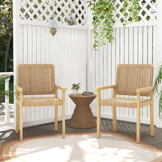 Costway Patio Chair Set Of 2 4 Rubber Wood Dining Armchairs Paper Rope Woven Seat Balcony