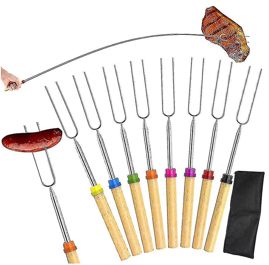 8pcs Extendable Stainless Steel Bbq Fork Barbecue Sticks Wooden Handles