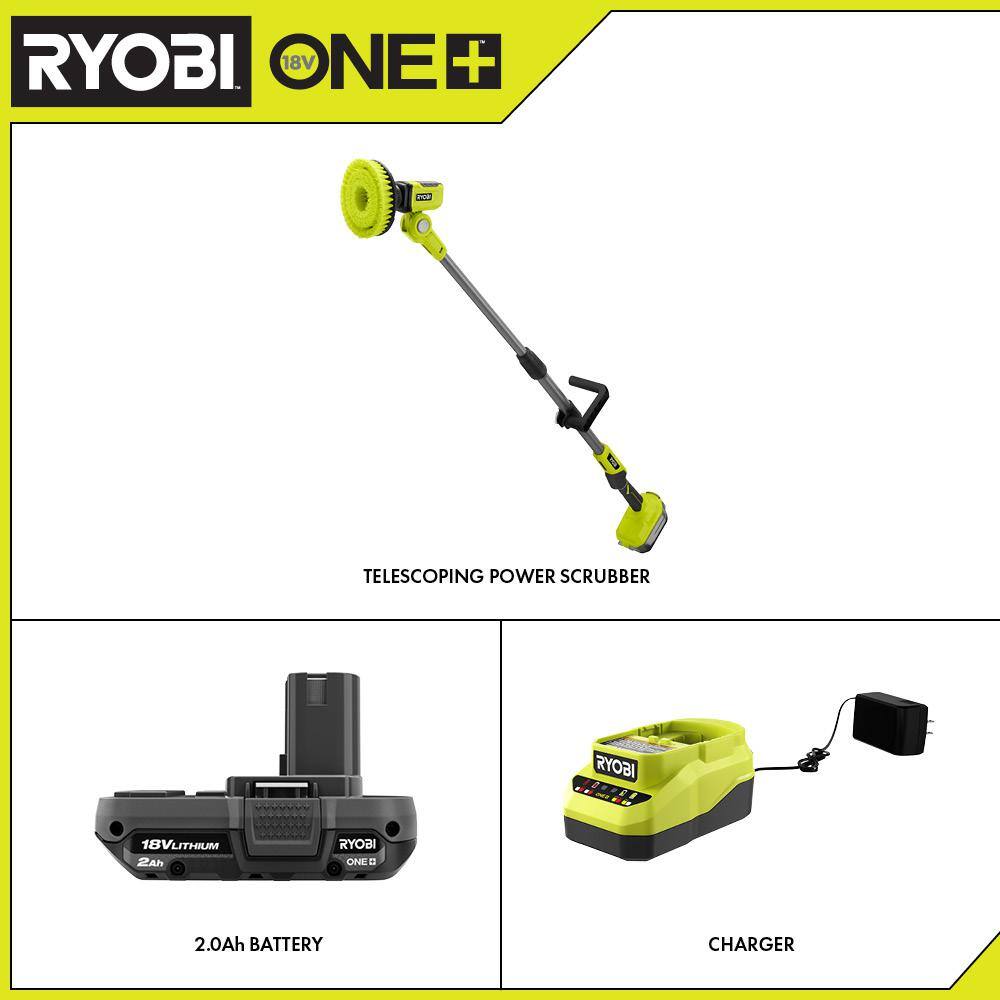 RYOBI ONE+ 18V Cordless Telescoping Power Scrubber and 2.0 Ah Compact Battery and Charger Starter Kit P4500-PSK005