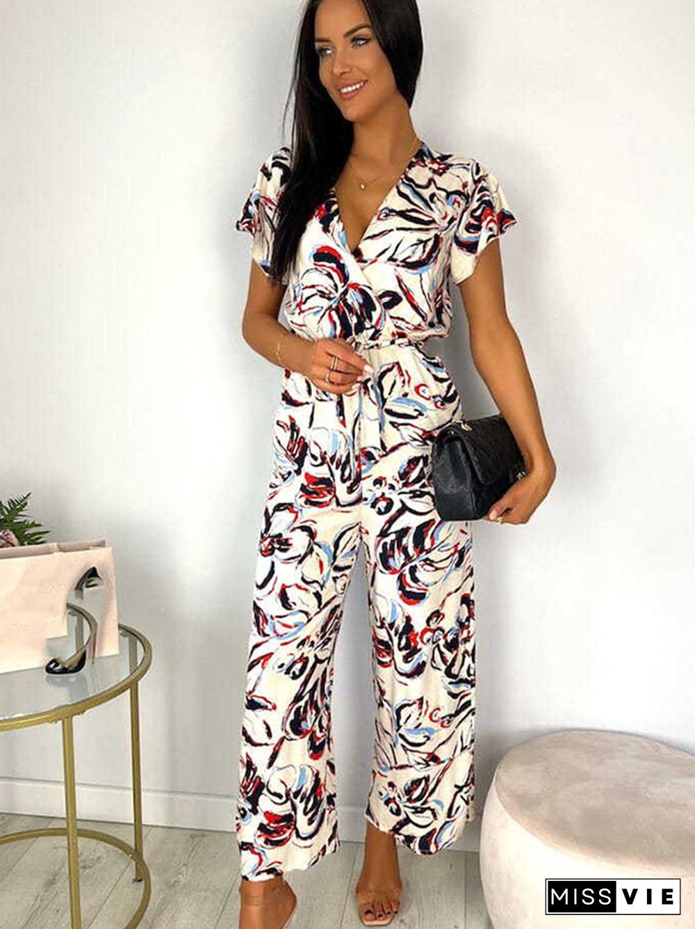 Fashion Women's Jumpsuit Long Pant Elegant V-neck Short Sleeve Casual Print Pockets Overalls Women Jumpsuits For Female Clothing