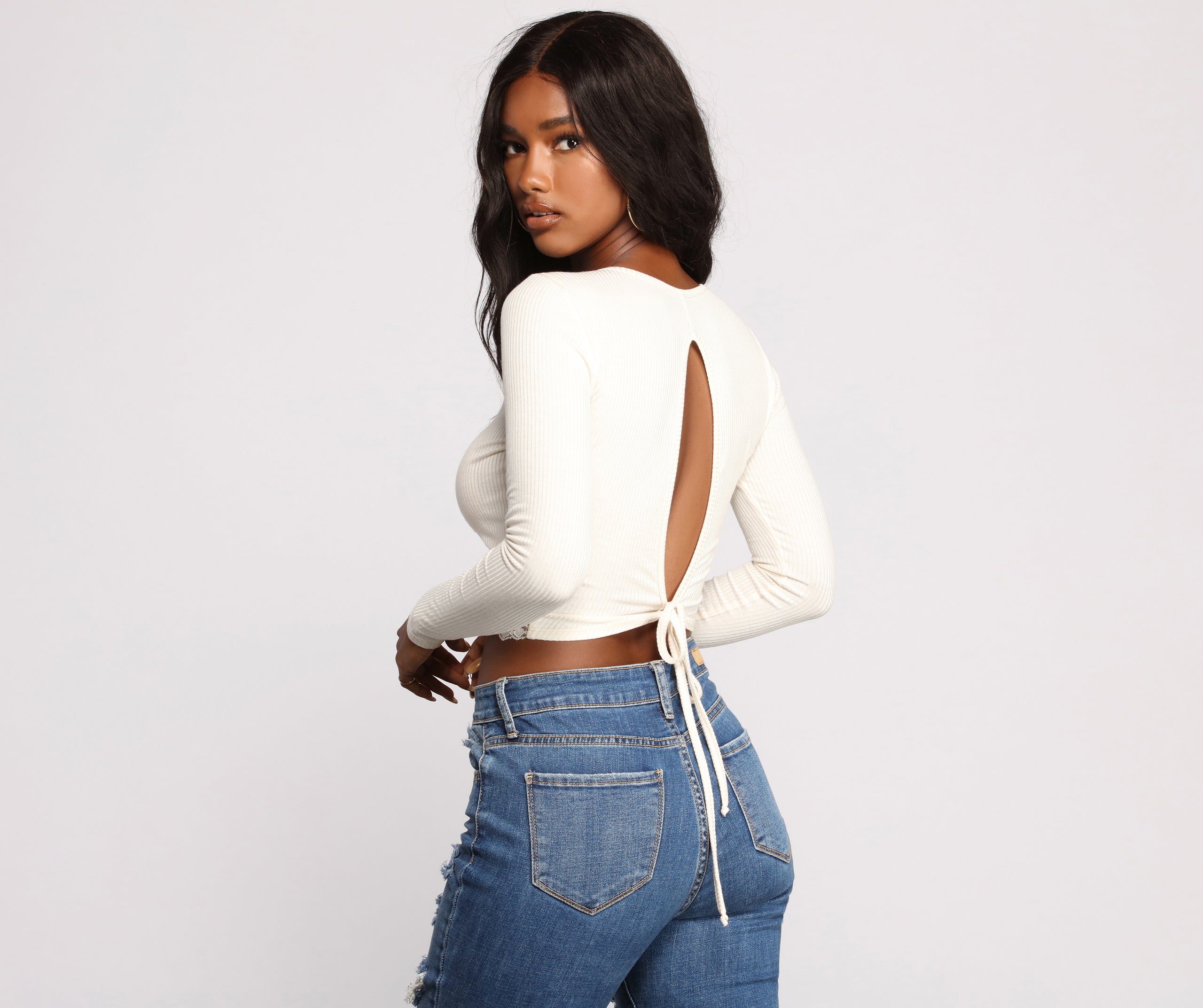 Ribbed Tie Back Lace Hem Crop Top