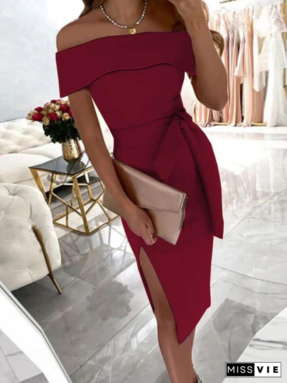 Mature Elegant Office Commuter A-line Dress Casual Slit Bridesmaid Dress Chic Party One Shoulder Wrap Women Clothing Dress