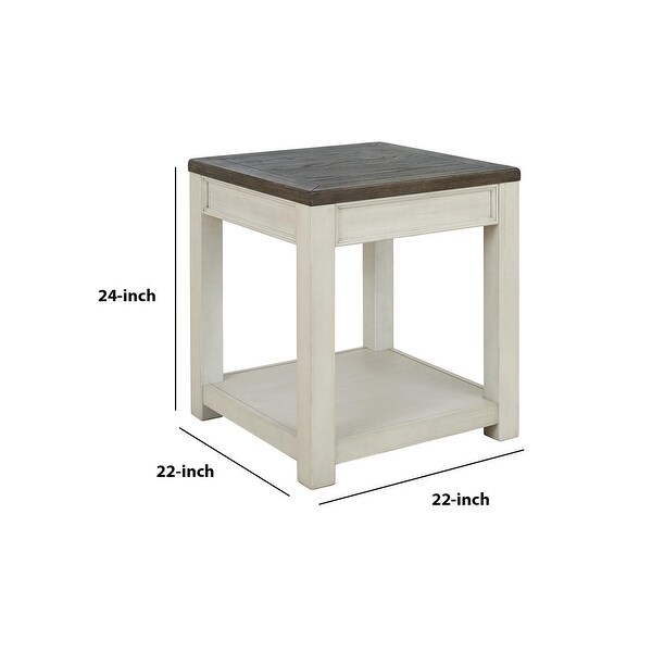 Square Wooden Frame End Table with Open Shelf， White and Brown