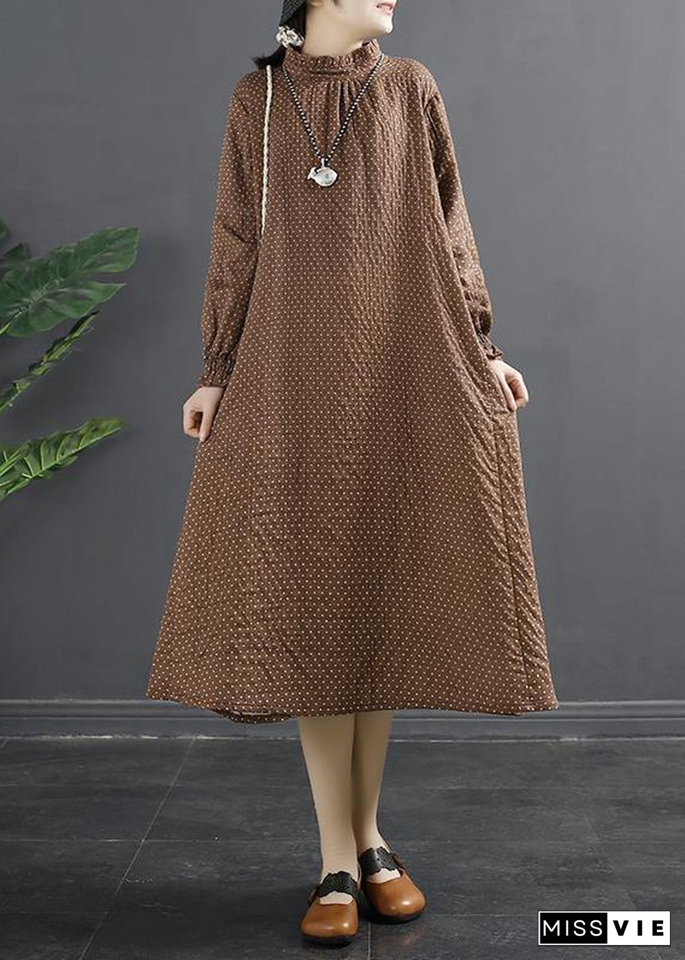 Chic Stand Collar Tunic Dress Work Outfits Chocolate Dotted Maxi Dress