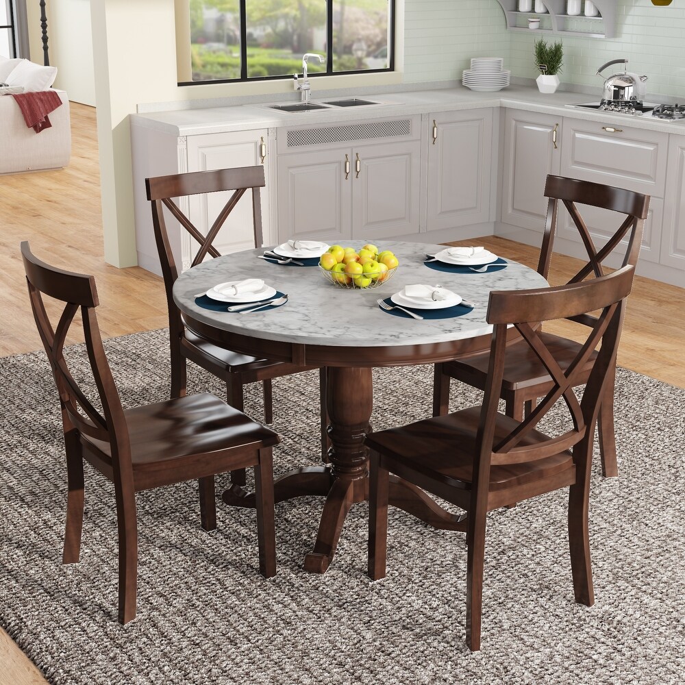 5 Piece Round Dining Table Set for 4 with Drop Leaf   4 Padded Chairs